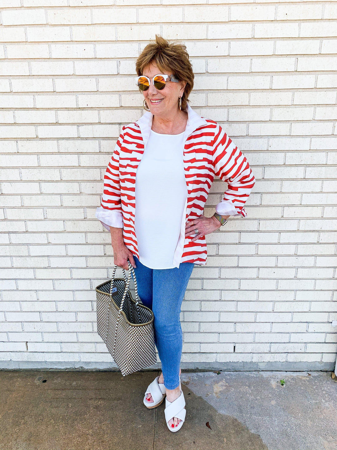 Red &amp; White Striped Hi-Lo Jacket - Très Chic