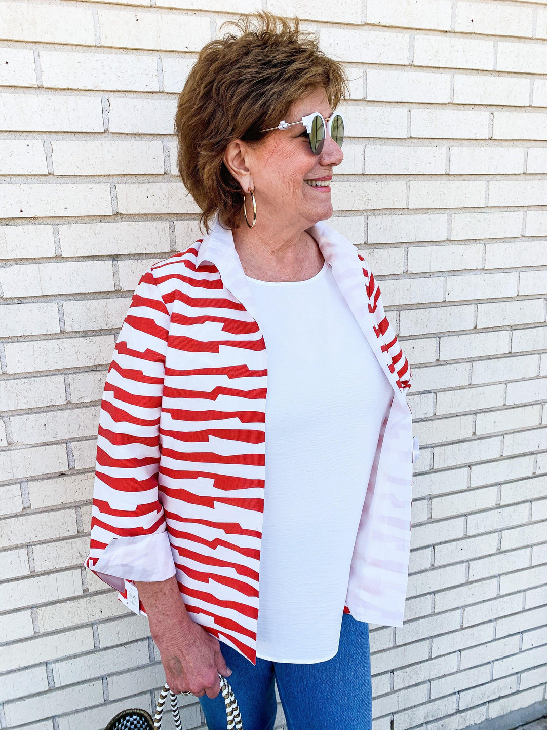 Red &amp; White Striped Hi-Lo Jacket - Très Chic