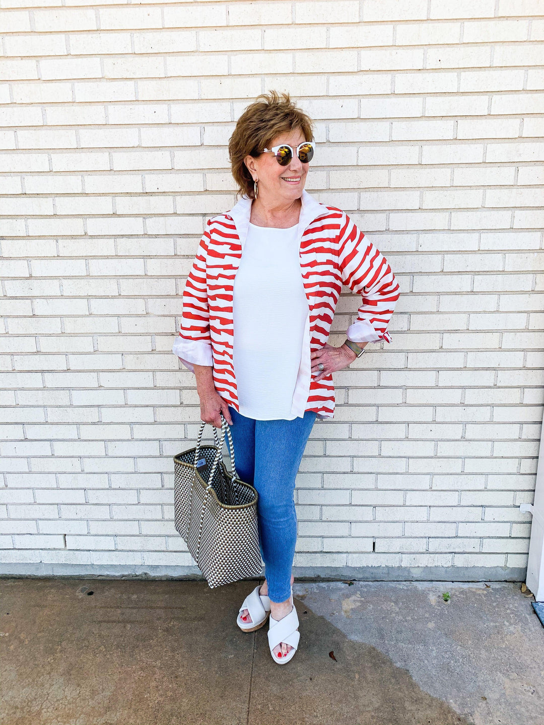 Red &amp; White Striped Hi-Lo Jacket - Très Chic