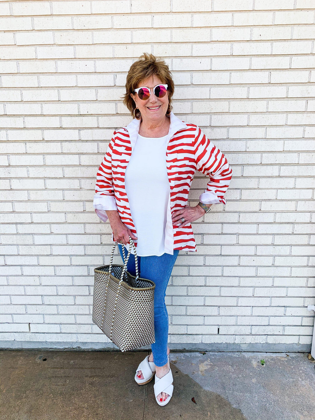 Red &amp; White Striped Hi-Lo Jacket - Très Chic