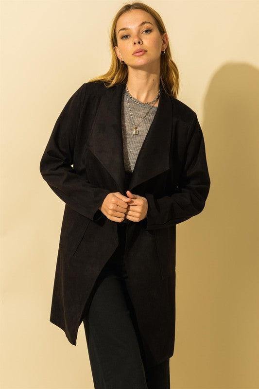 Faux Suede Long Open Jacket - Très Chic