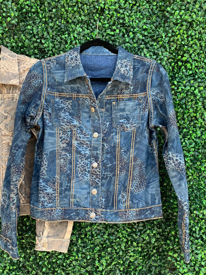 Close up of the blue denim jacket