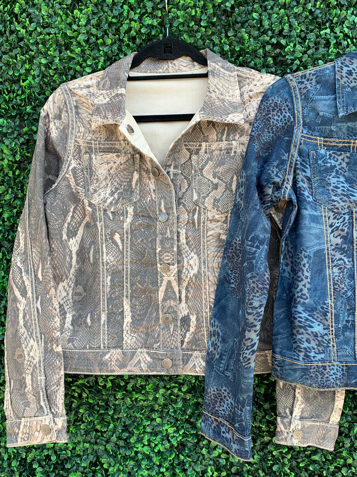 Close up of the snake print denim jacket