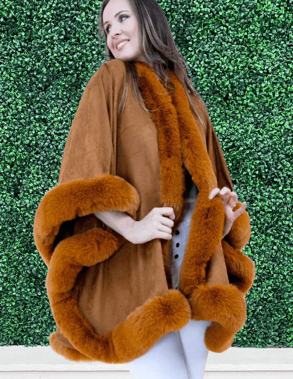 camel color faux fur edge cape camel tres chic womens gift boutique