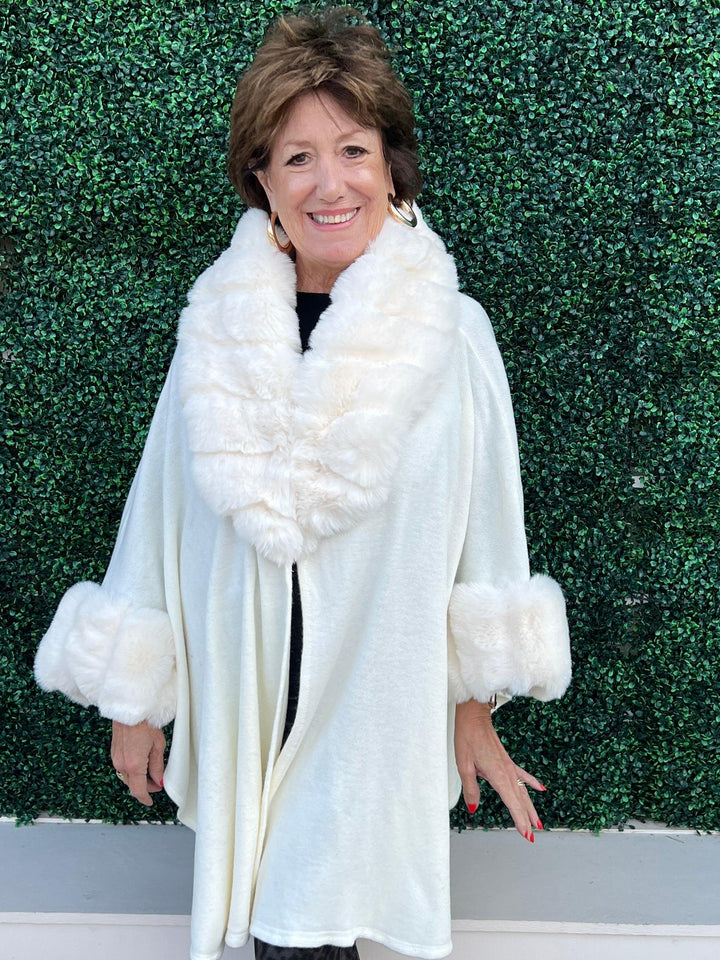 Faux Fur collar cuffs knit cape OS womens holiday gift ideas tres chic boutique white bride to be