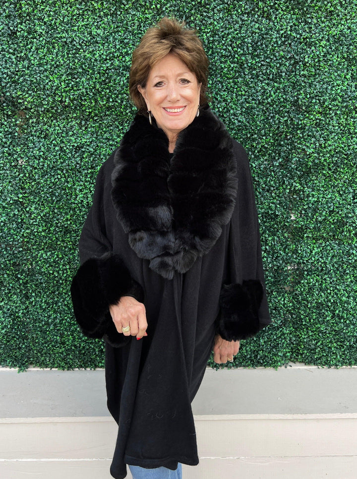 Faux Fur collar cuffs knit cape OS womens holiday gift ideas tres chic boutique blck