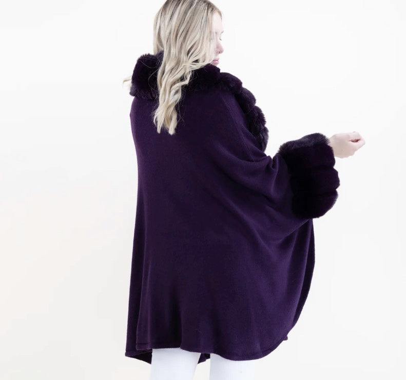 Faux Fur collar cuffs knit cape OS womens holiday gift ideas tres chic boutique purple