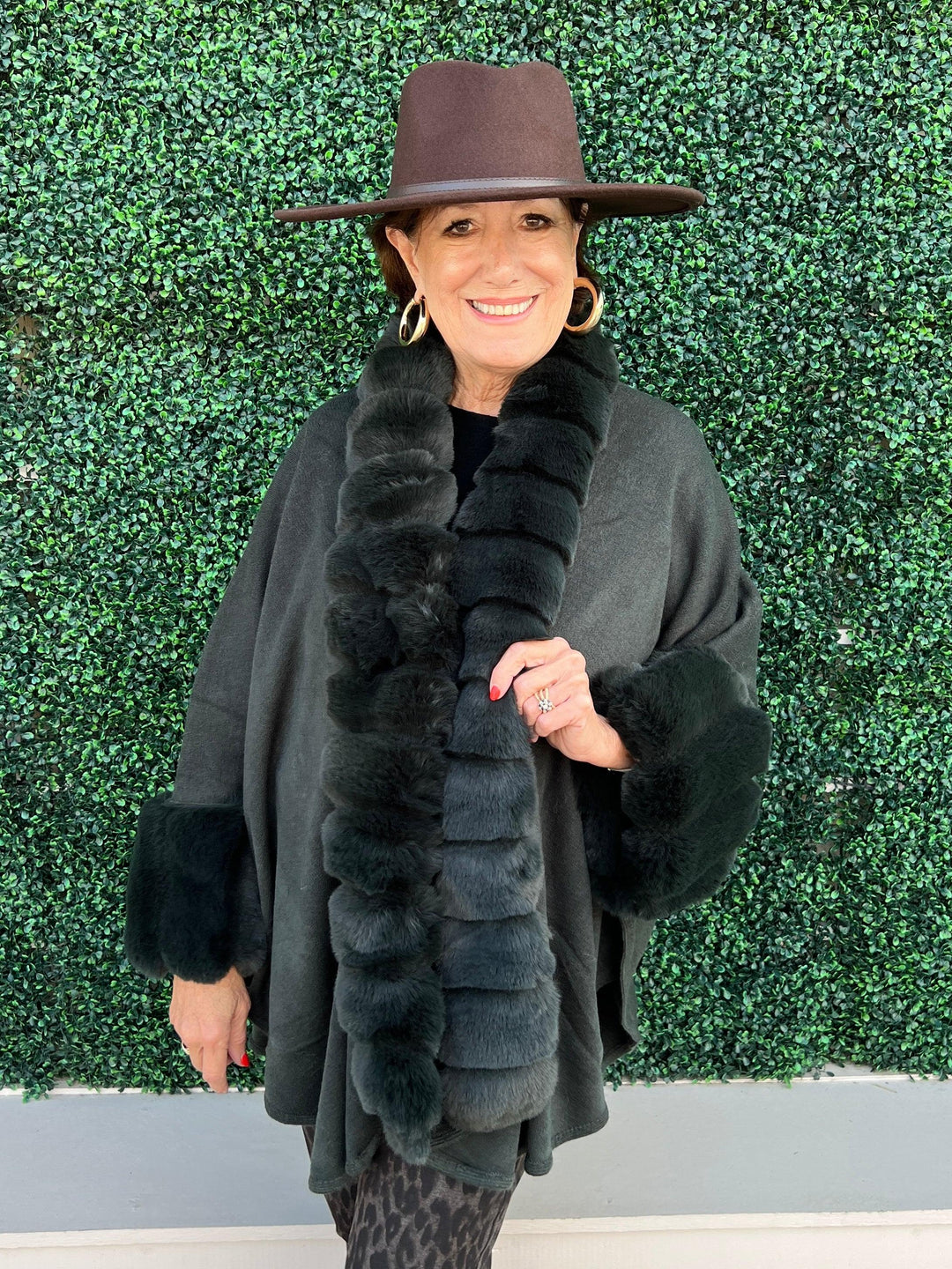 green faux fur cape wrap womens online boutique near me tres chic
