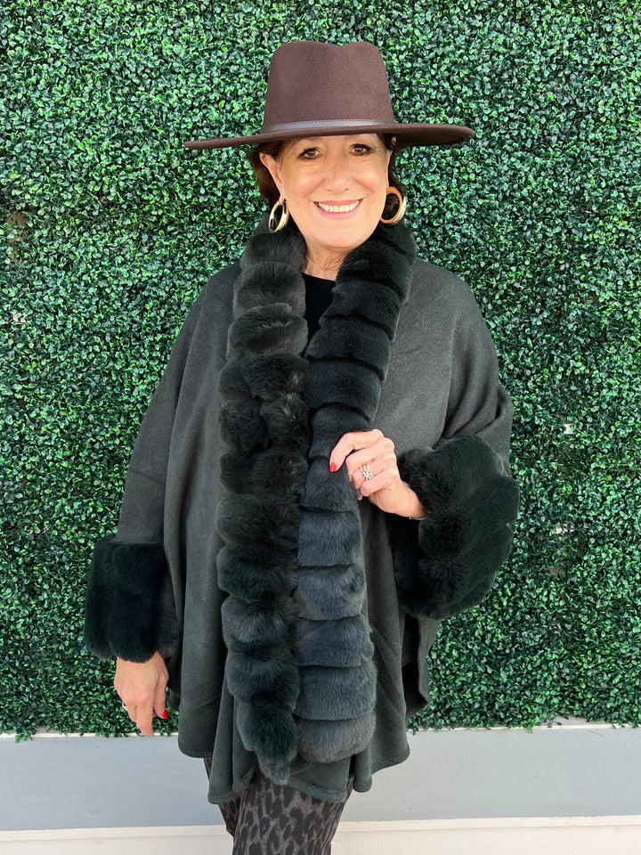 green faux fur cape wrap womens online boutique near me tres chic
