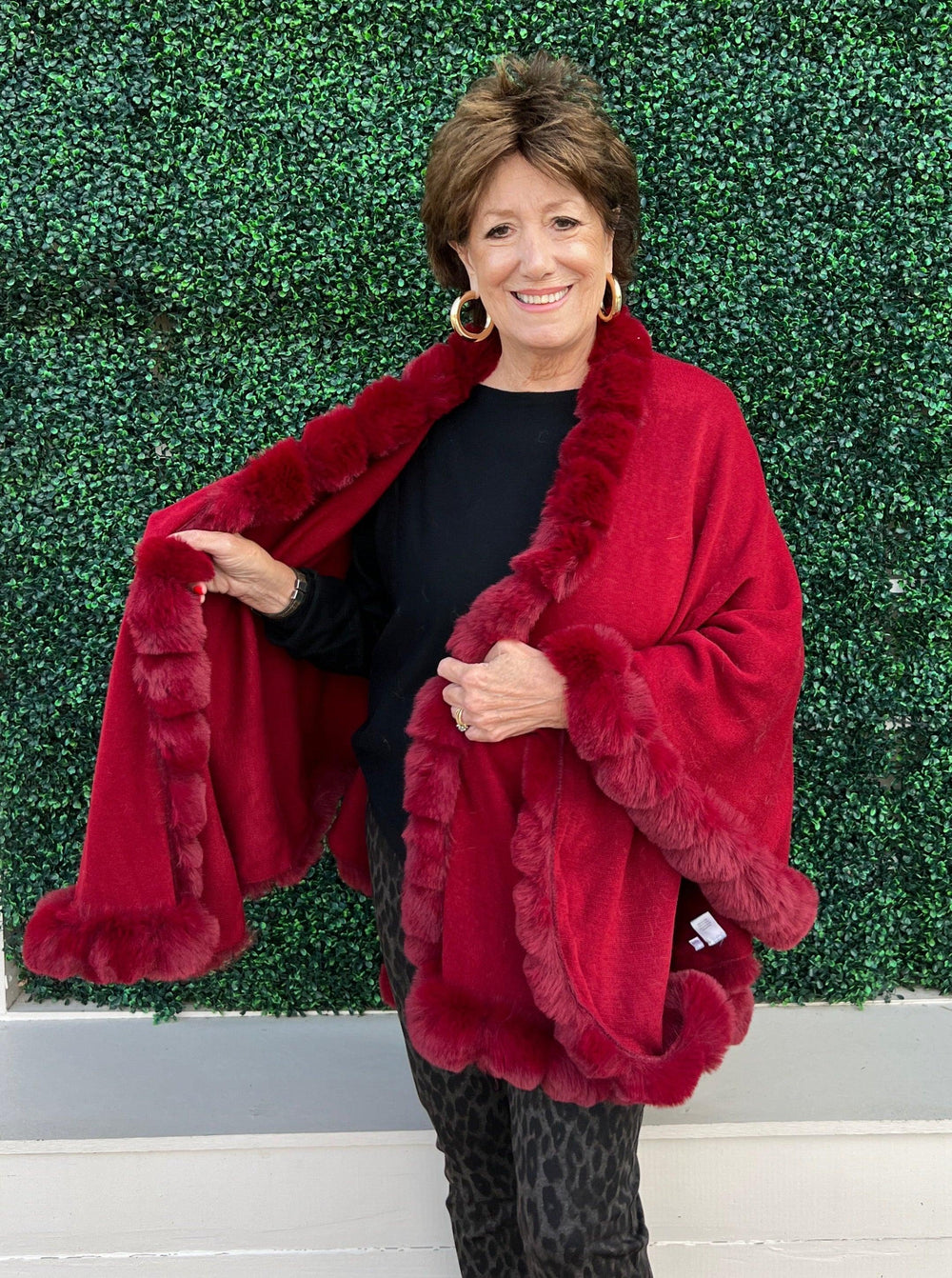 boutique near me Faux Fur Trim Cape womens OS gift ideas online store red