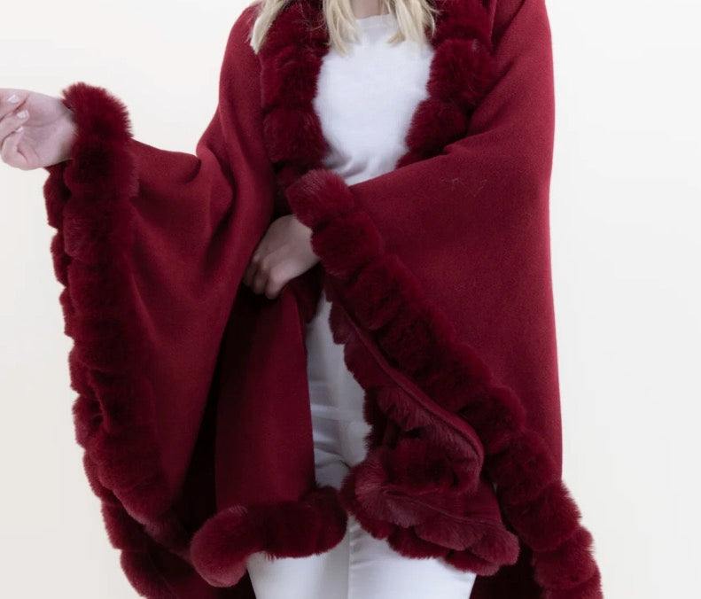 Faux Fur Trim Cape womens OS gift ideas online store red
