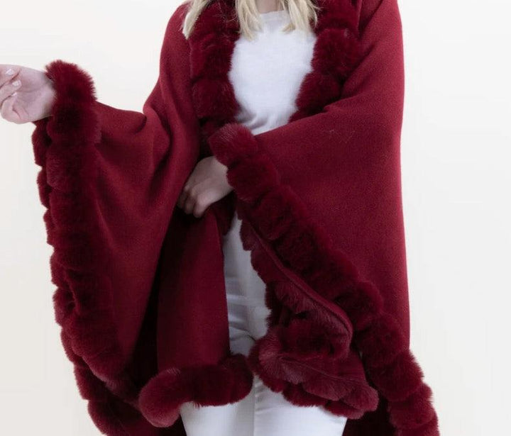Faux Fur Trim Cape womens OS gift ideas online store red