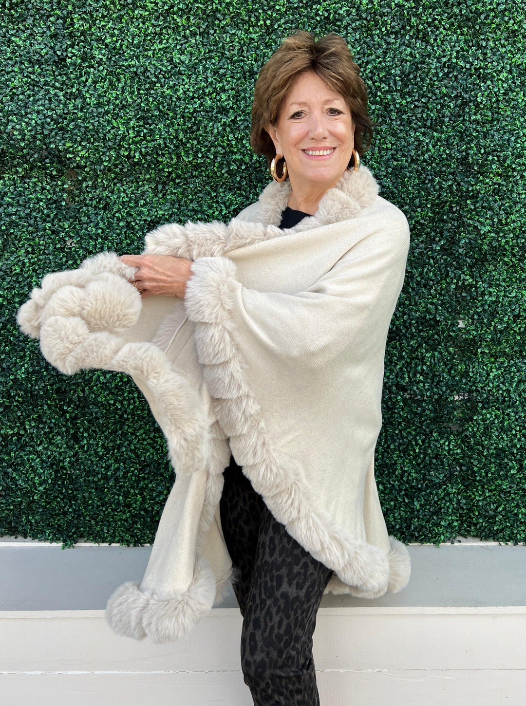 Faux Fur Trim Cape womens OS gift ideas online store cream