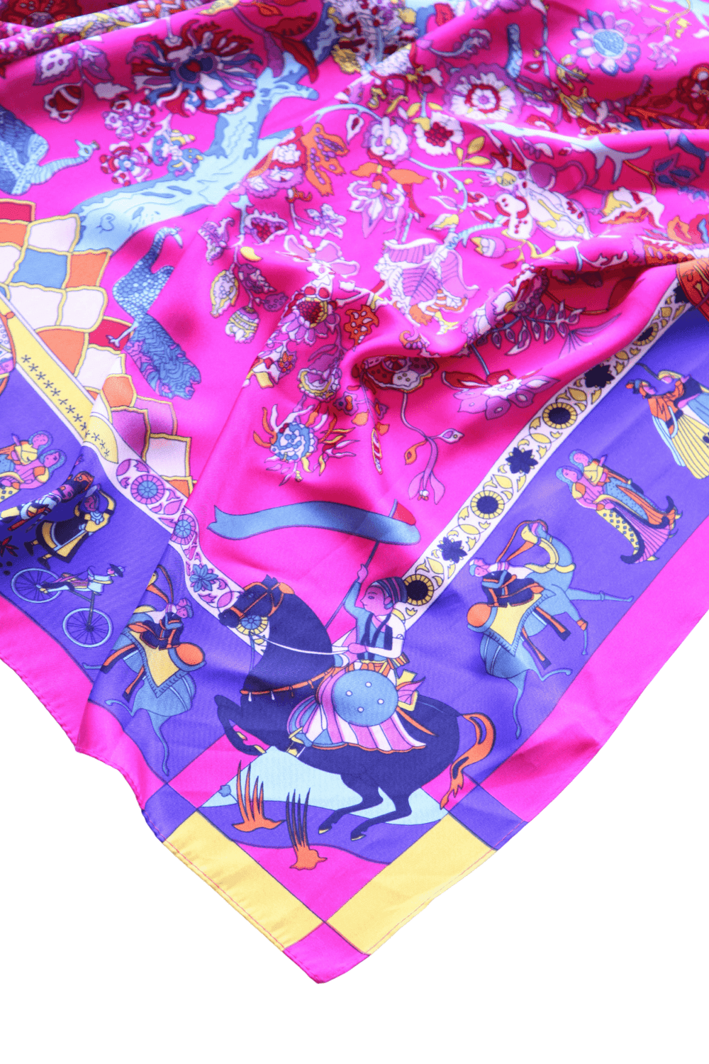 Bright pink large scarf scene with people and animals