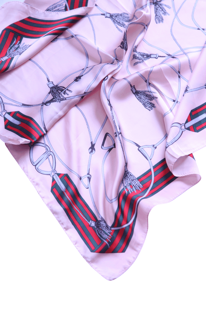 Light pink and Gucci style scarf with country club look