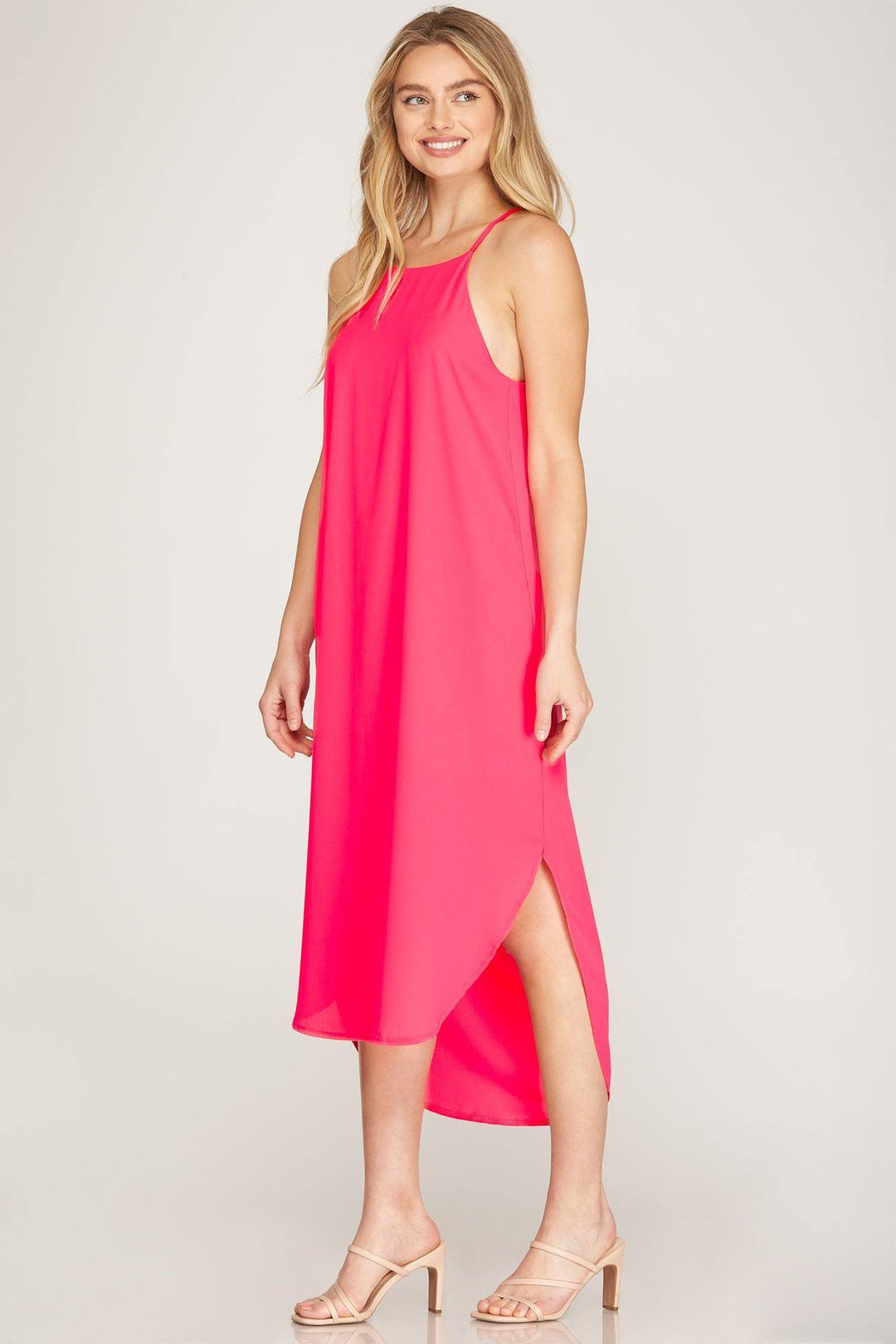 view of side slit on spring summer midi dress