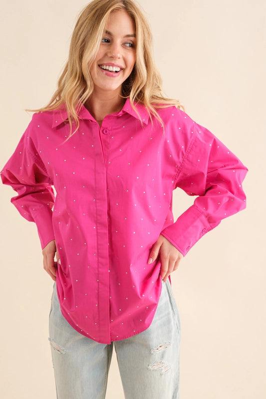Bedazzled Button Up Top tres chic boutique houston blue be brand 100% cotton
