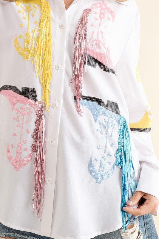 sequin cowgirl boot fringe top white