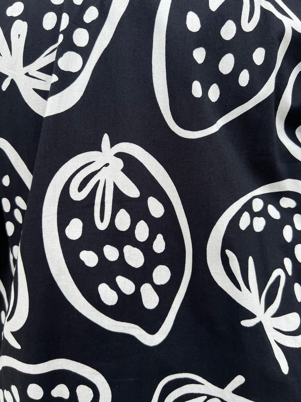 strawberry print black and white cotton button up blouse short sleeve womens online boutique spring summer