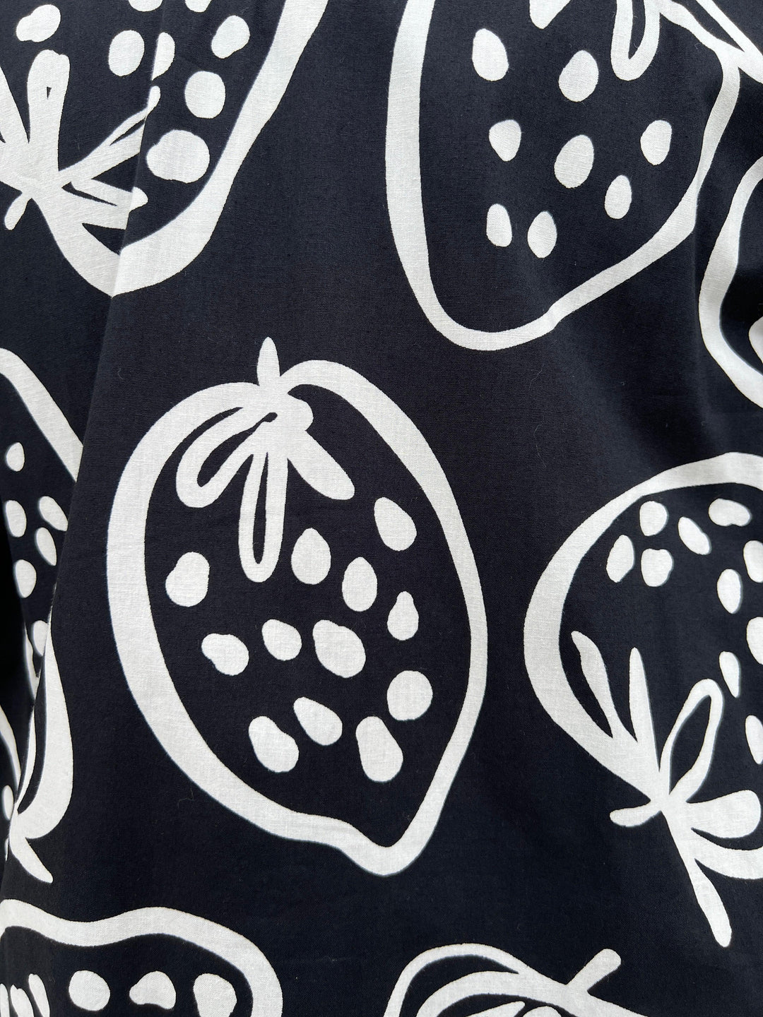 strawberry print black and white cotton button up blouse short sleeve womens online boutique spring summer
