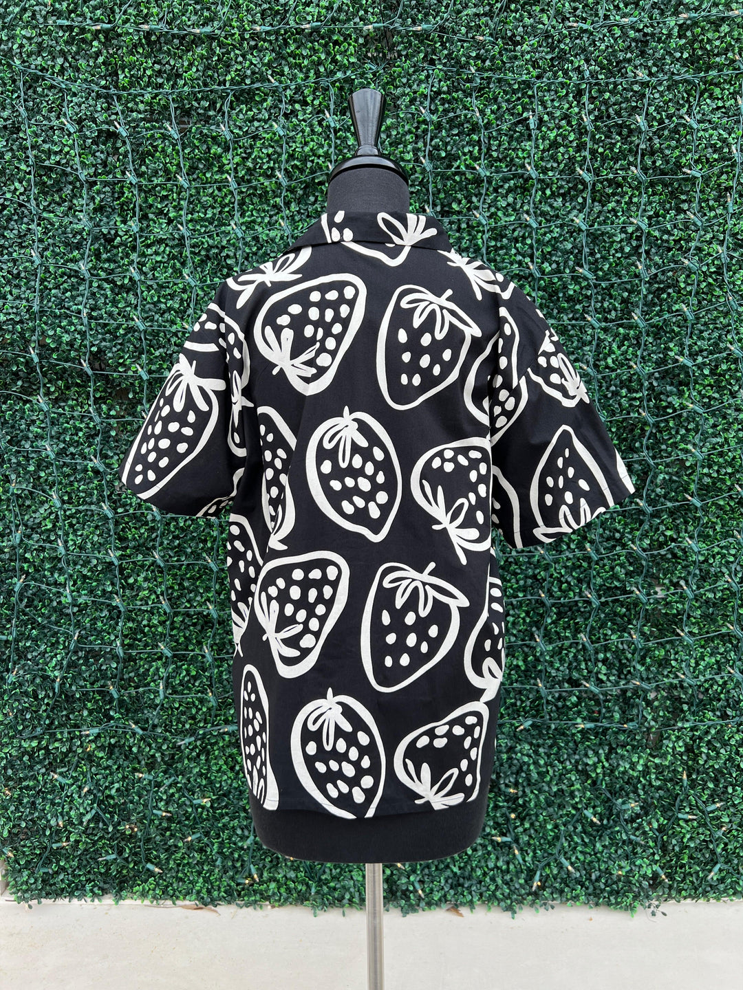 strawberry print black and white cotton button up blouse short sleeve womens online boutique spring summer