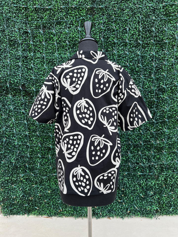 strawberry print black and white cotton button up blouse short sleeve womens online boutique spring summer