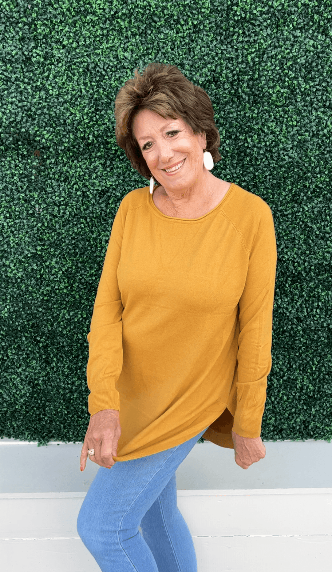 round hem long thin lightweight sweater shell layering piece mustard