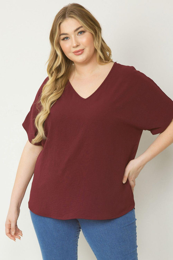 Plus size v neck oversized top houston texas boutique online Burgundy