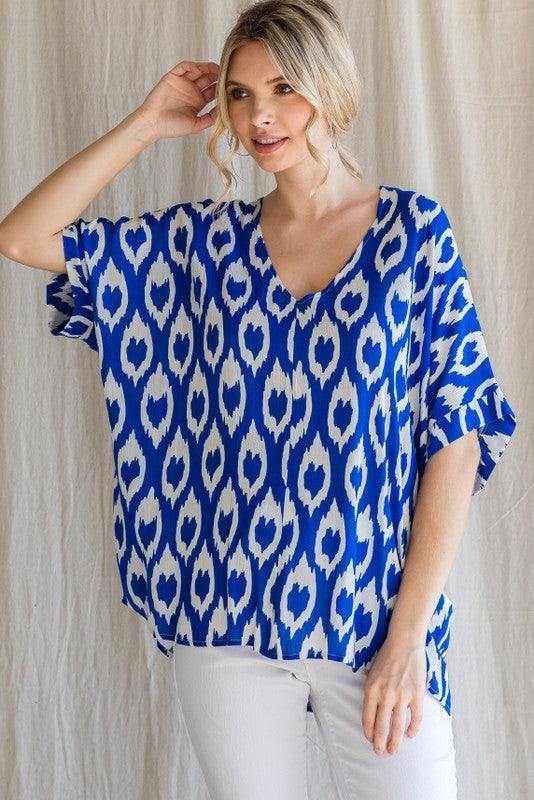 Ikat Royal V-Neck Top - Très Chic