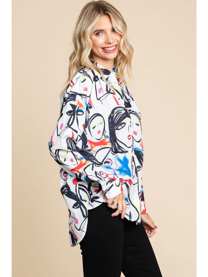 womens button up face print blouse like alice and olivia Jodifl