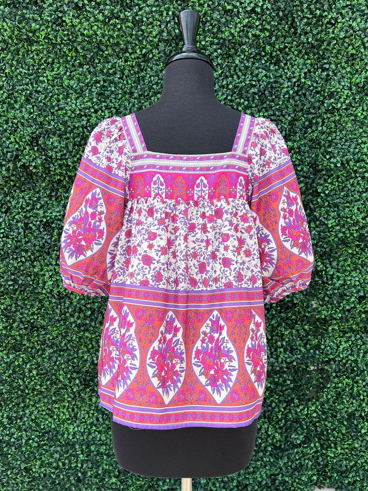 Jade brand boarder print blouse magenta and purple tres chic houston
