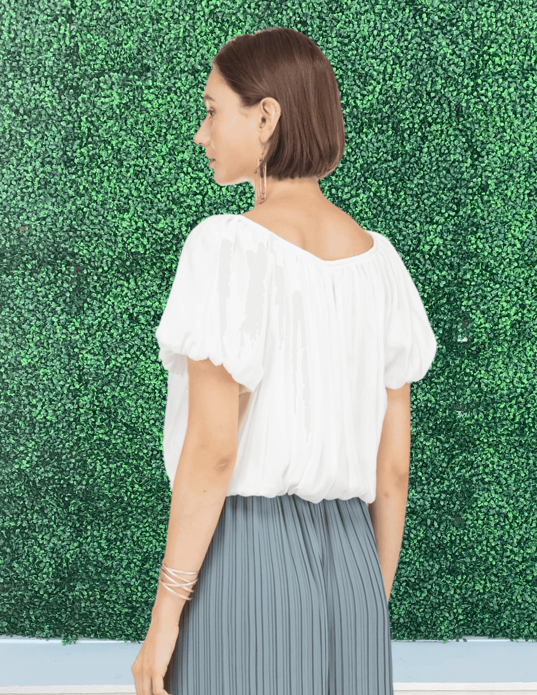 petite women white elastic waist top- tres chic