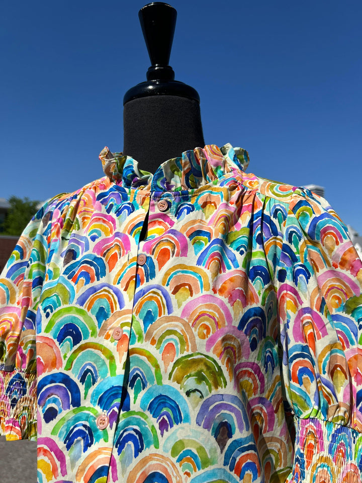 Rainbow Cotton Blouse cream background joy joy brand button up trendy boutique