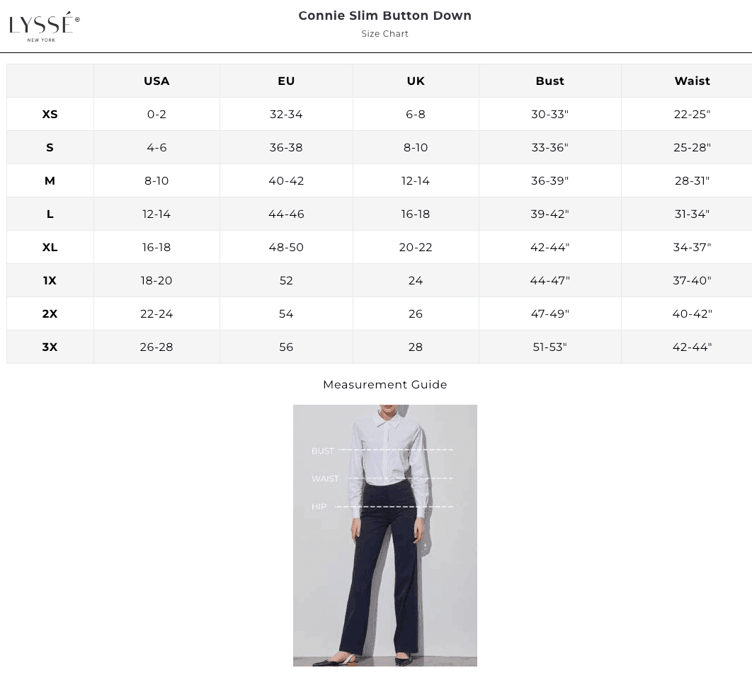 travel shirt size chart lysse