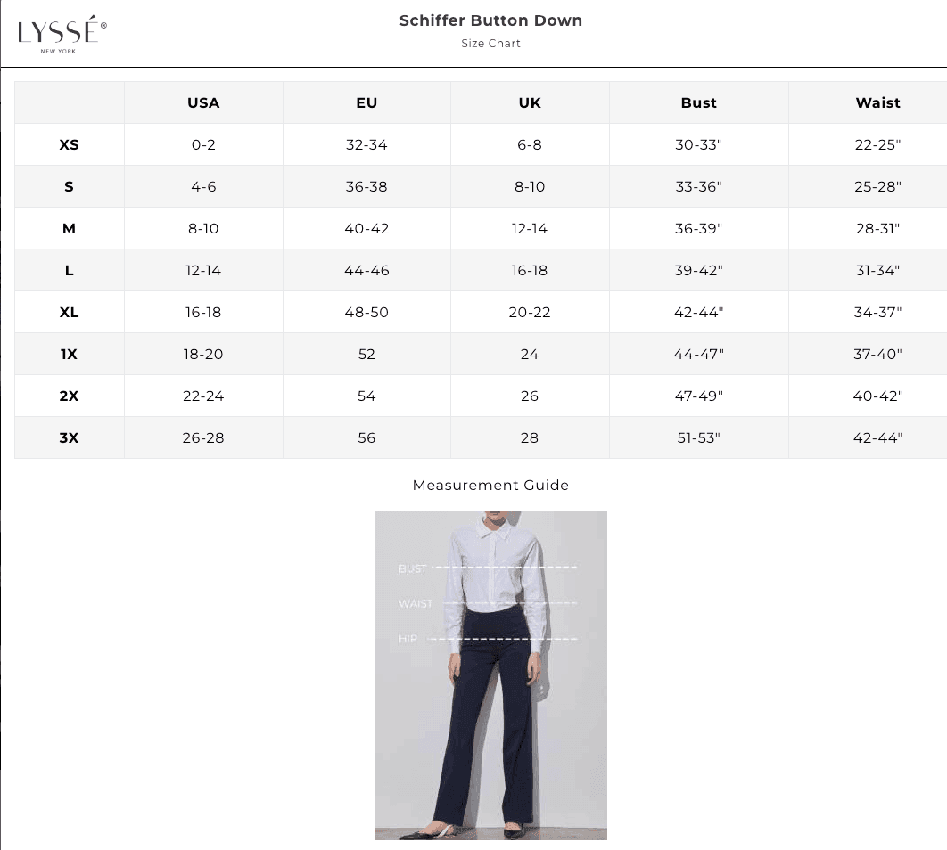 lysse size chart 