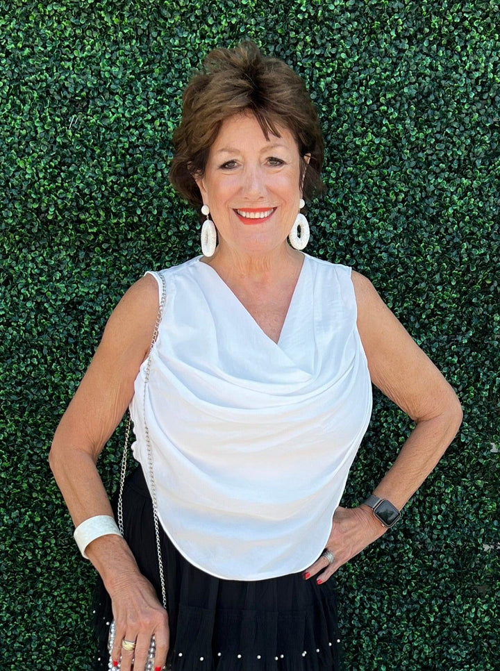 cowl neck top with front panel tres chic boutique houston