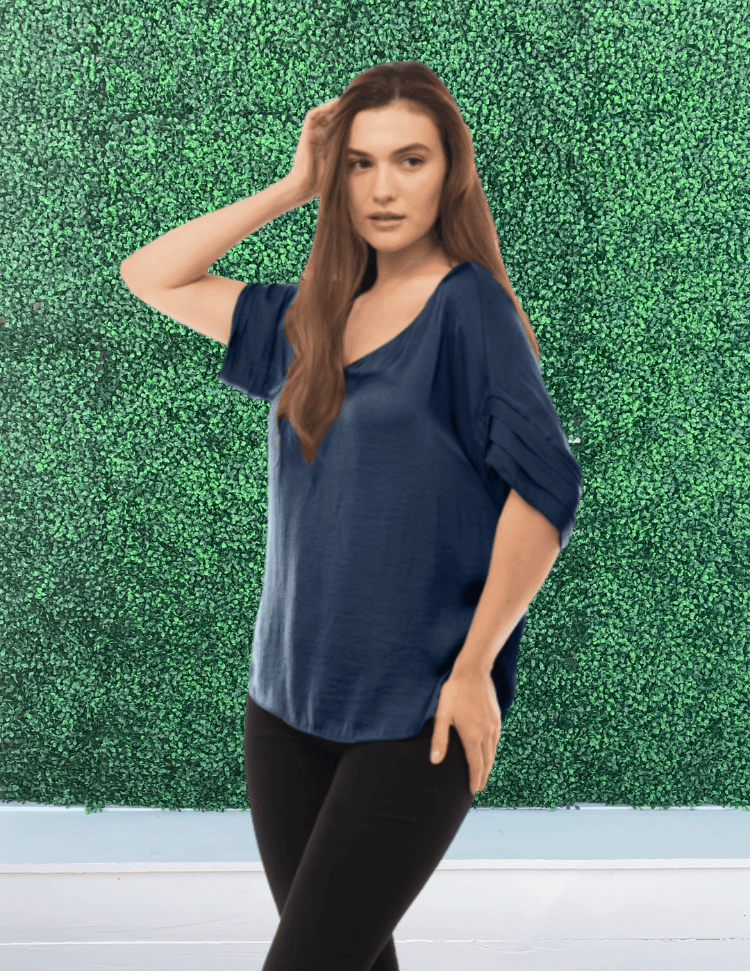 navy blue silky blouse- tres chic houston