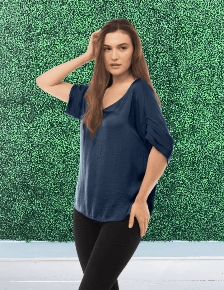 navy blue silky blouse- tres chic houston