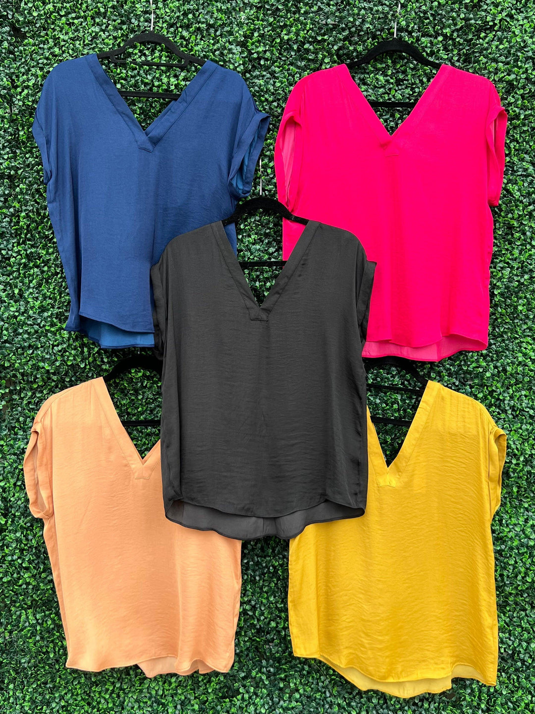 Black silky one shoulder v neck- Tres Chic