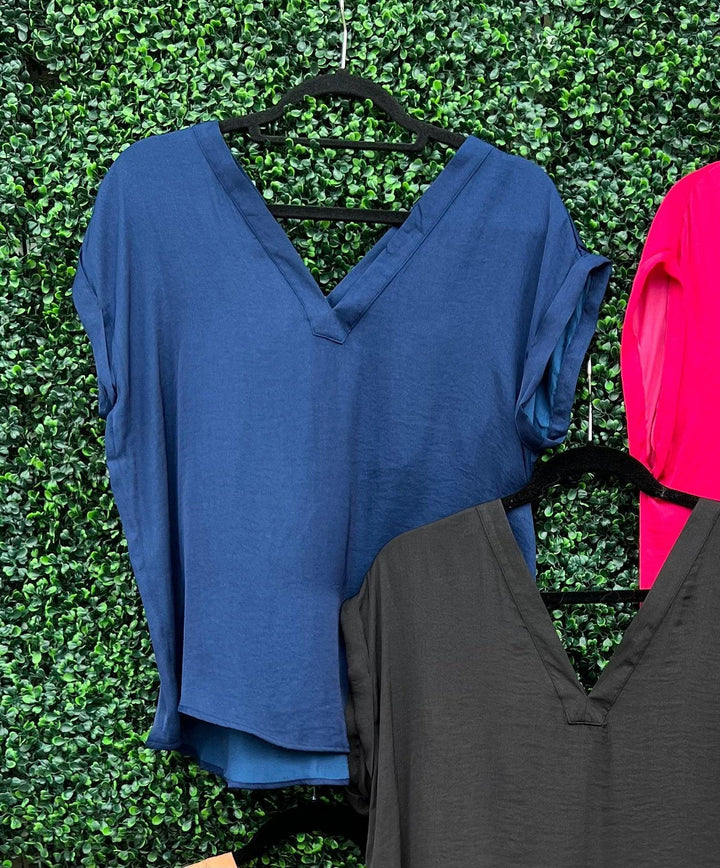 Navy blue Tres Chic Houston silk top