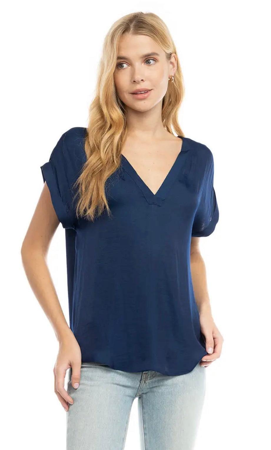 closet basics navy blue silky top