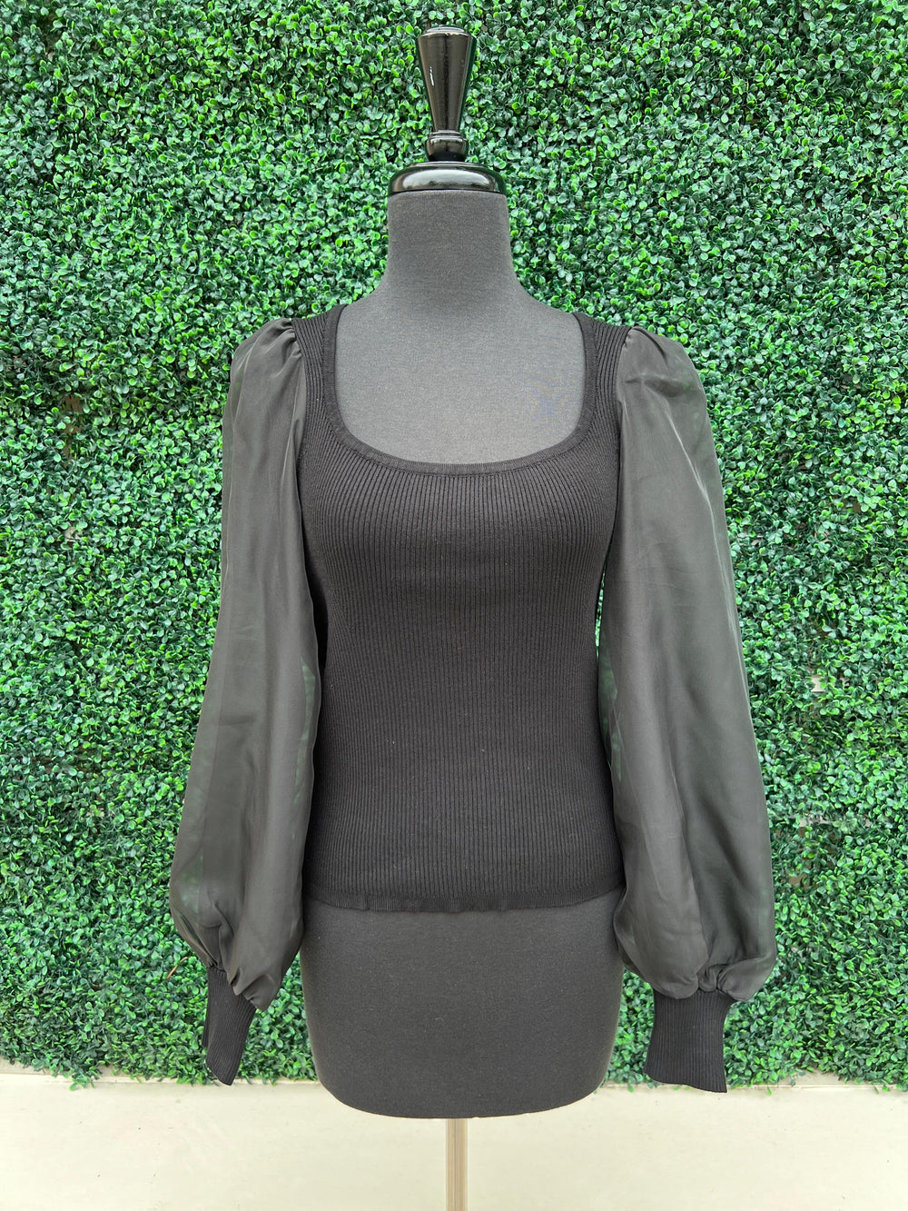 sheer mesh long puff sleeve blouse sweater bodice black online boutique