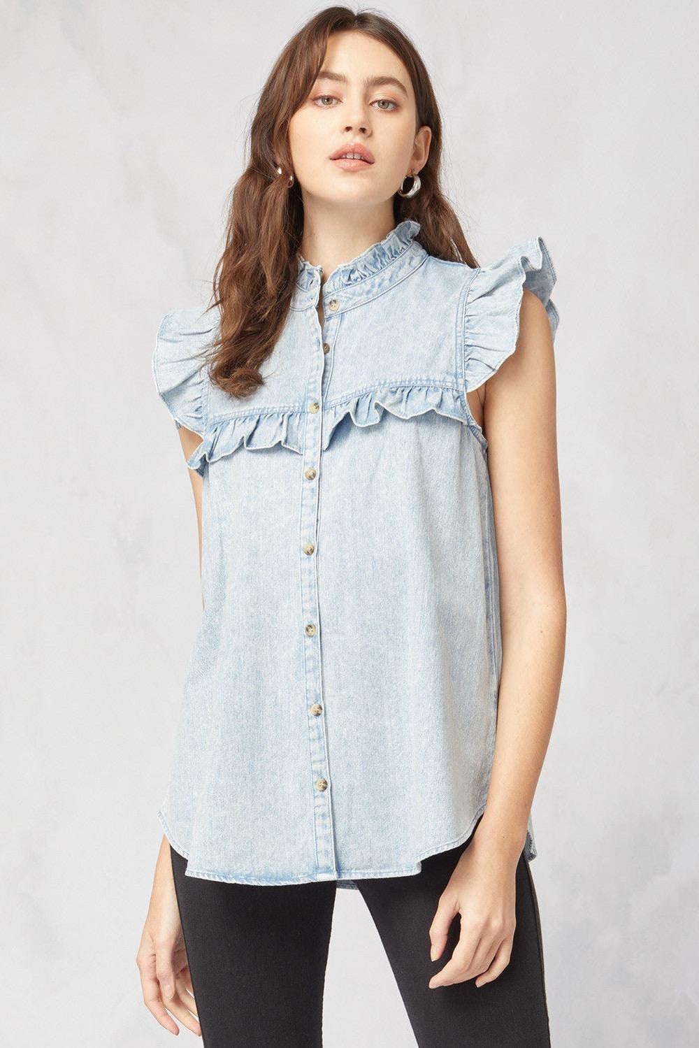Denim Ruffle Top - Tres Chic Houston