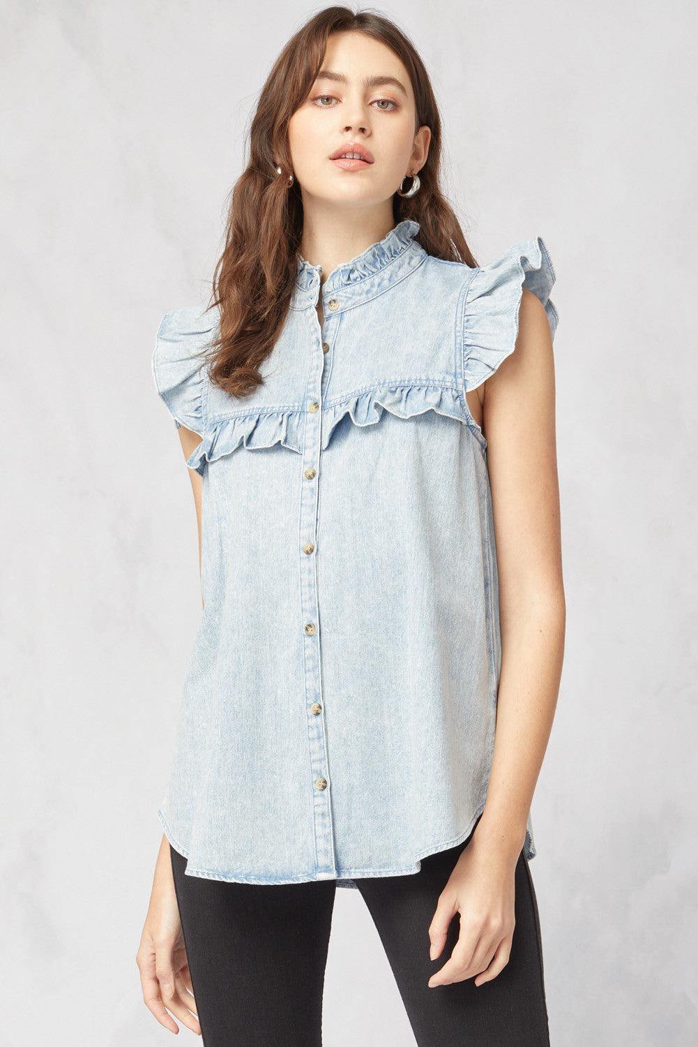 Denim Ruffle Top - Tres Chic Houston