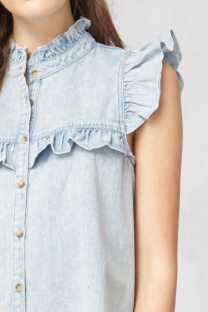 Denim Ruffle Top - Tres Chic Houston