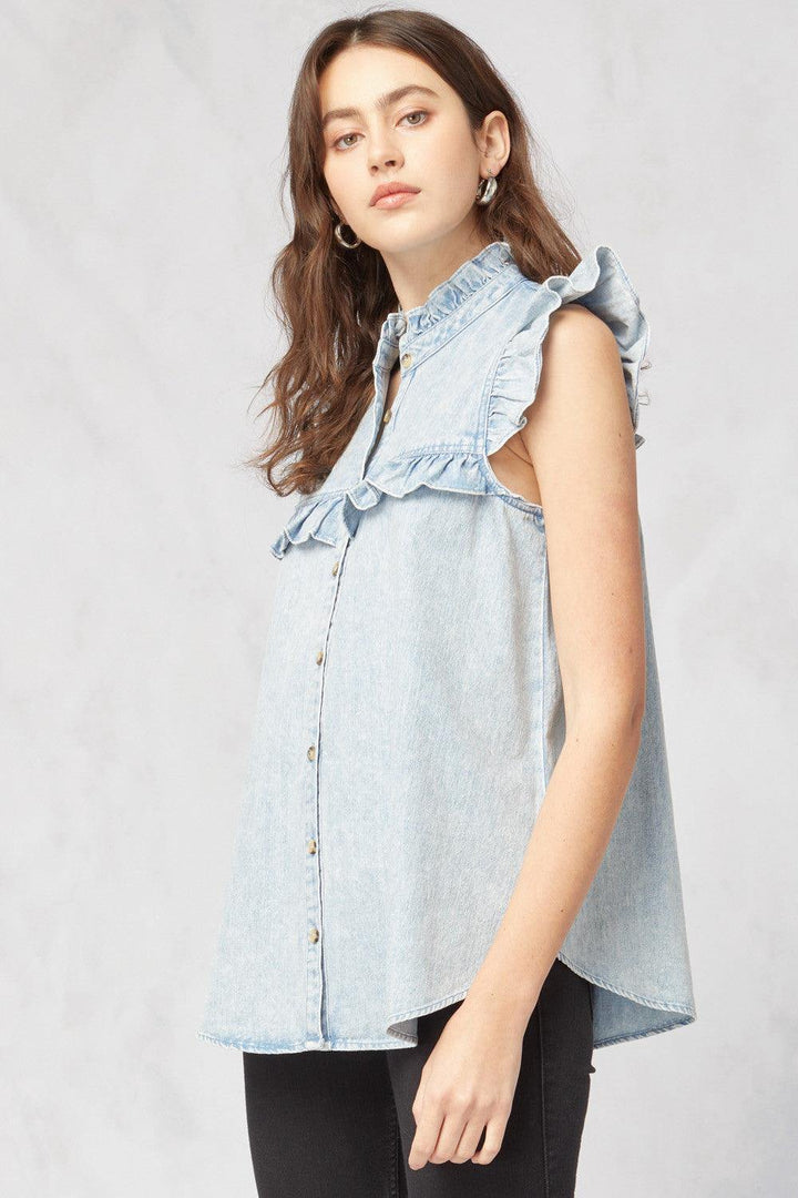 Denim Ruffle Top - Tres Chic Houston