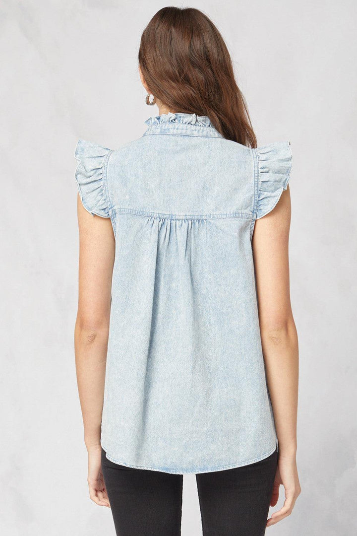 Denim Ruffle Top - Tres Chic Houston