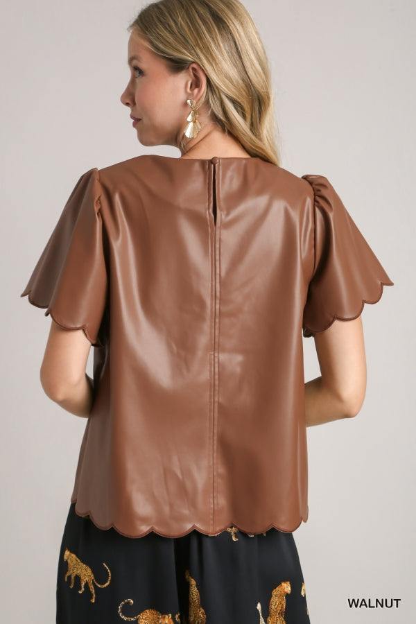 umgee brand faux leather blouse short sleeve brown tres chic boutique