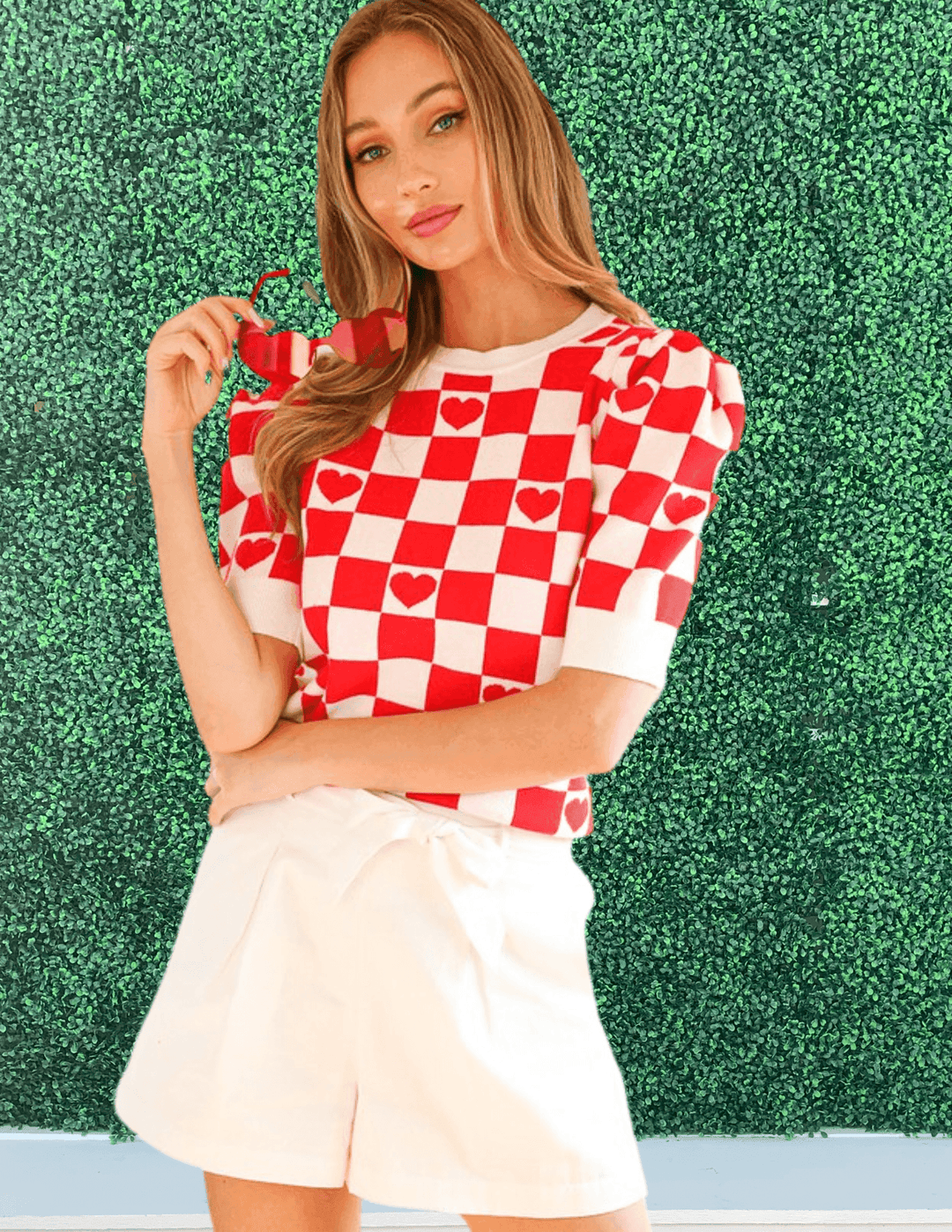 online trendy boutique red checked hearts sweater