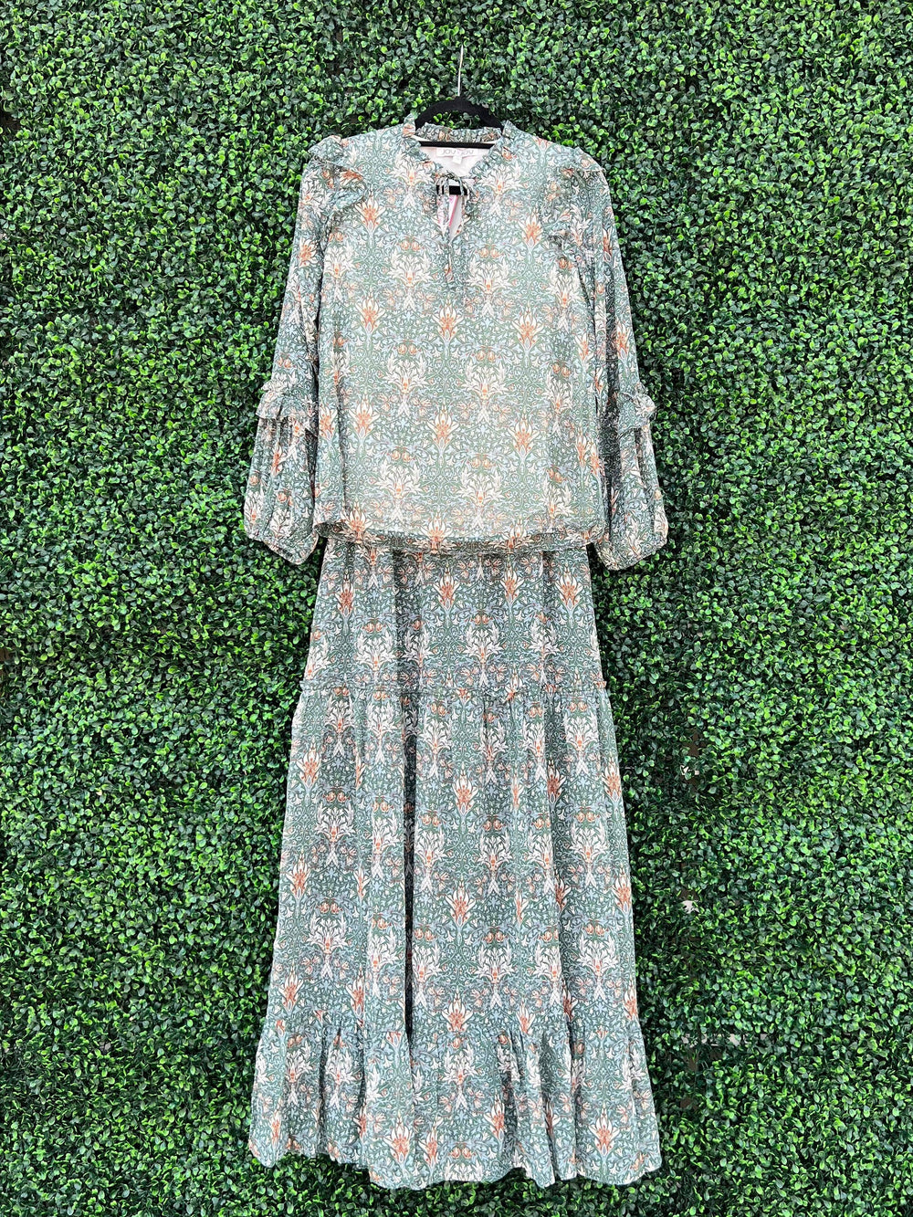 Matching set with long sleeve shirt and long maxi skirt in Houston Texas boutique